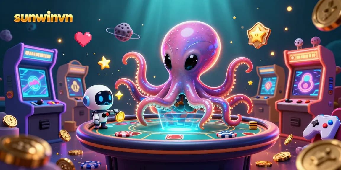 Play poker with sunwinvn's alien octopus and robot in a vibrant casino landscape.