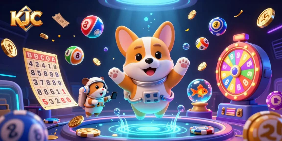 Engage with KJC in a lively casino scene full of dynamic lottery elements and animated characters.