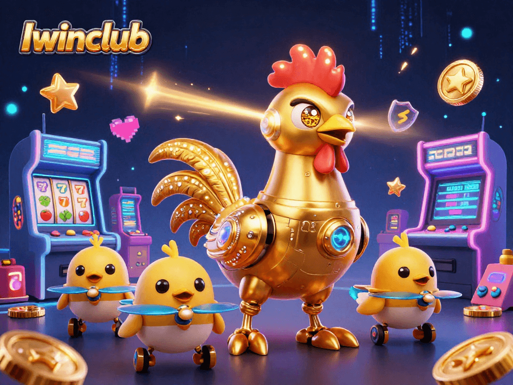 Iwinclub features a retro-futuristic golden rooster robot surrounded by dynamic casino elements.