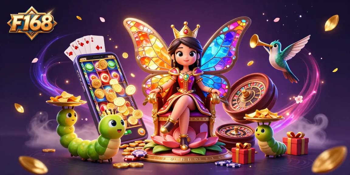 Experience the excitement of F168 with vibrant casino elements and colorful characters.