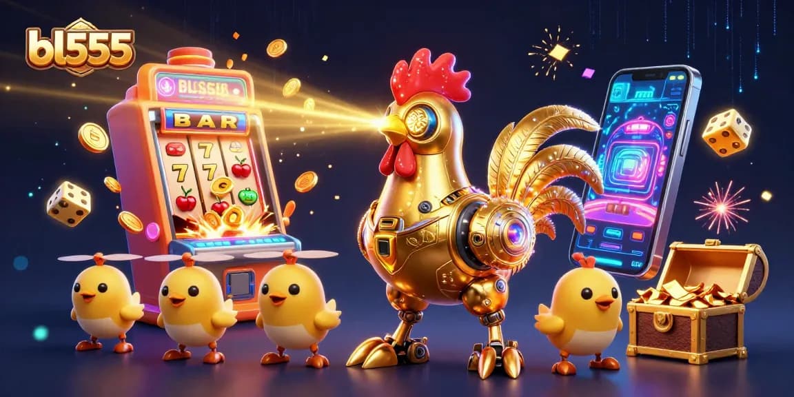 Experience vibrant gaming action with bl555's golden rooster robot and dynamic slot machine