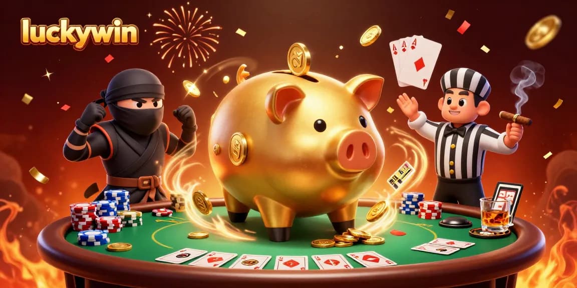 Engage with Luckywin's vibrant casino scene featuring a golden piggy bank warrior amidst poker excitement.