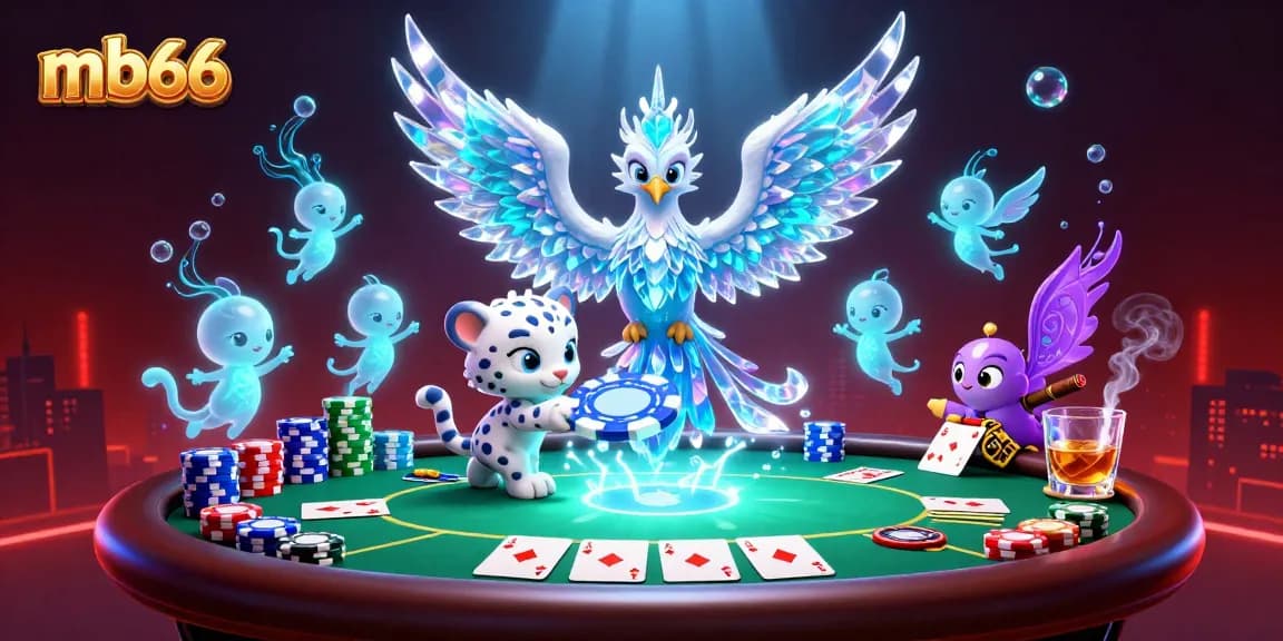 Engage with mb66's captivating casino scene, featuring an ice phoenix, poker elements, and vibrant casino visuals.