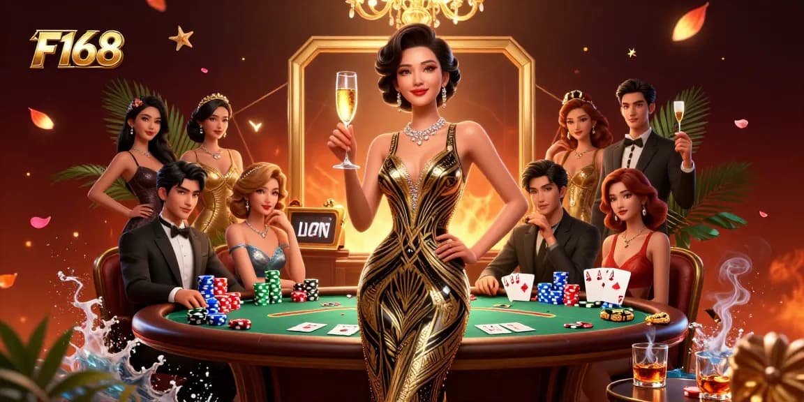 Experience F168 with a glamorous Asian woman enjoying casino games and luxury drinks.