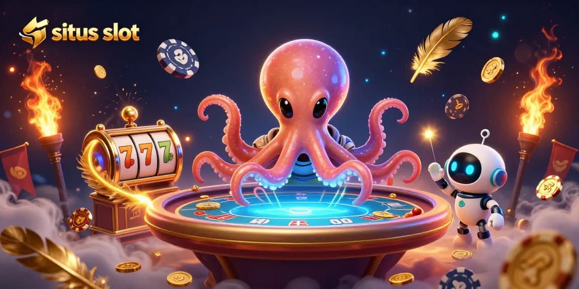 Engage in thrilling situs slot games with a 3D alien octopus and robot at a holographic poker table.