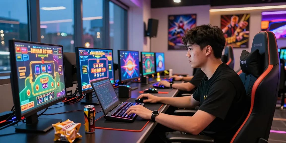 Engaging Grandbetting gaming experience with a professional gamer immersed in a vibrant online casino.