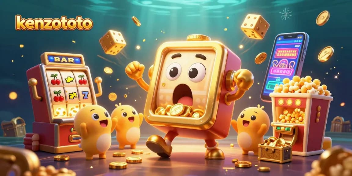 Kenzototo slot machine celebrates a jackpot with cheering companions and golden coins flying.