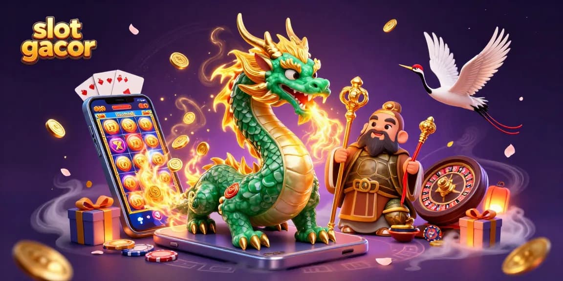 Permainan slot gacor yang menampilkan naga jade raksasa dan kura-kura bijak dalam suasana kasino yang menarik.