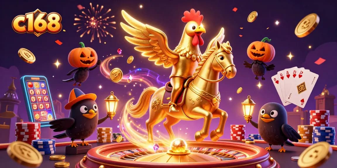Experience thrilling gameplay at c168 with golden rooster and casino treasures illuminating the night.