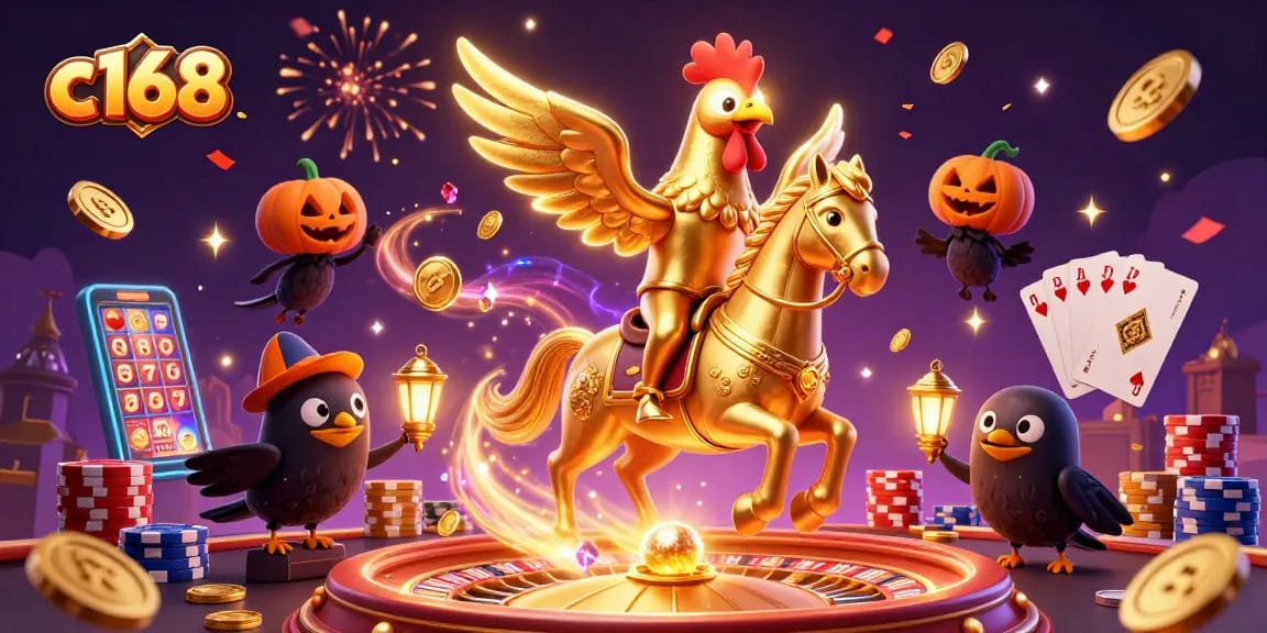 Experience thrilling gameplay at c168 with golden rooster and casino treasures illuminating the night.