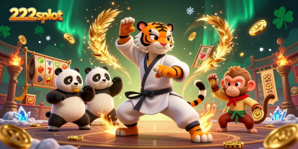 Bermain slot gacor di 222slot dengan karakter kung fu dan suasana kasino yang berwarna-warni.