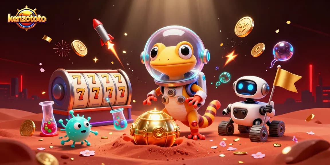 Kenzototo casino gaming adventure with Martian gecko and celebratory aliens amid slot reels and festive elements.