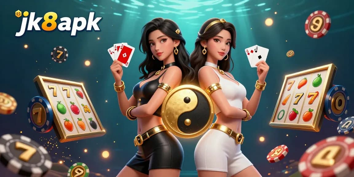 Experience the excitement of jk8 apk with stunning visuals of twin Asian women showcasing casino elements and card games.