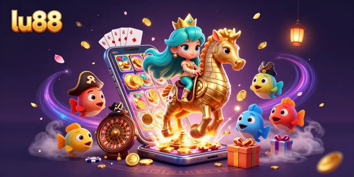Engage with slot games at lu88 featuring vibrant characters in a whimsical casino scene.