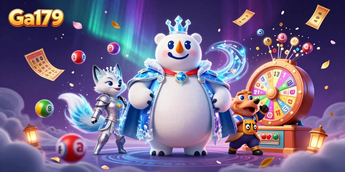 Ga179 lottery scene with a polar bear and snow fox amidst vibrant game elements.