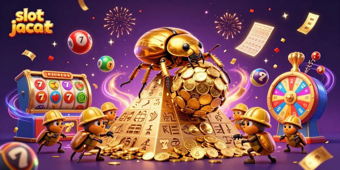 Menggulung bola emas besar, simbol slot jackpot menari di antara efek perayaan di latar belakang.