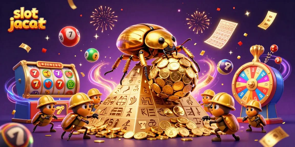 Menggulung bola emas besar, simbol slot jackpot menari di antara efek perayaan di latar belakang.
