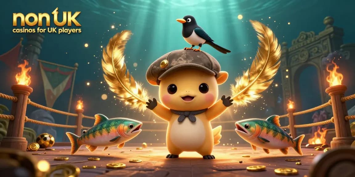 Engage with top non UK casinos for UK players featuring charming cartoon characters in a vibrant, action-packed scene.
