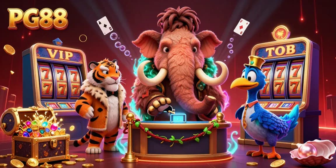 Experience the vibrant excitement of PG88 with a cartoon mammoth bouncer welcoming VIP guests amidst a dazzling casino backdrop.