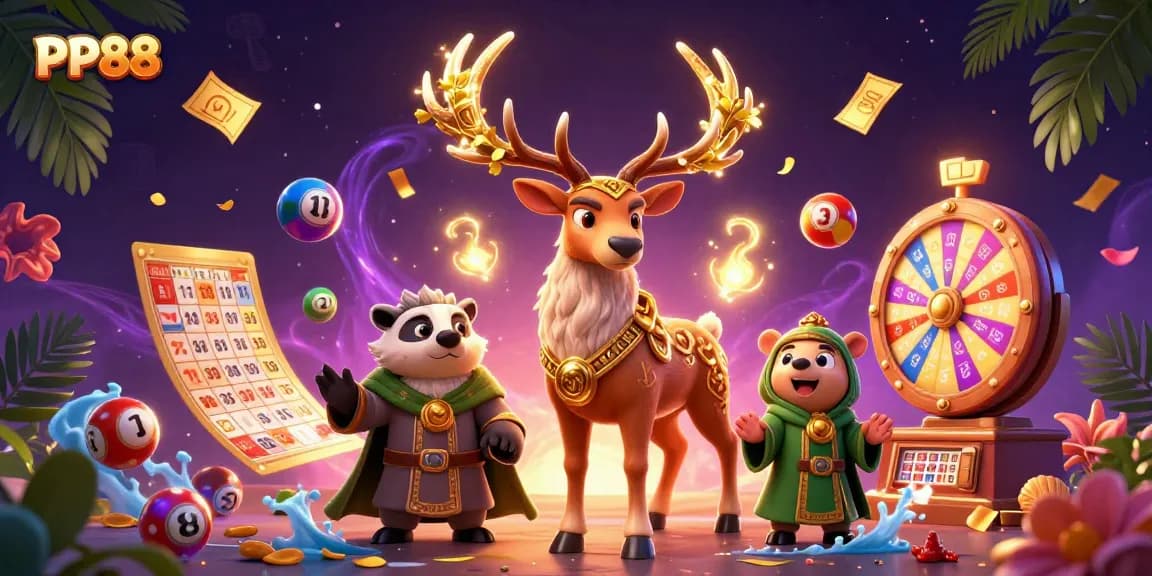 PP88 promotes excitement in gaming with vibrant lottery elements and cartoon characters.