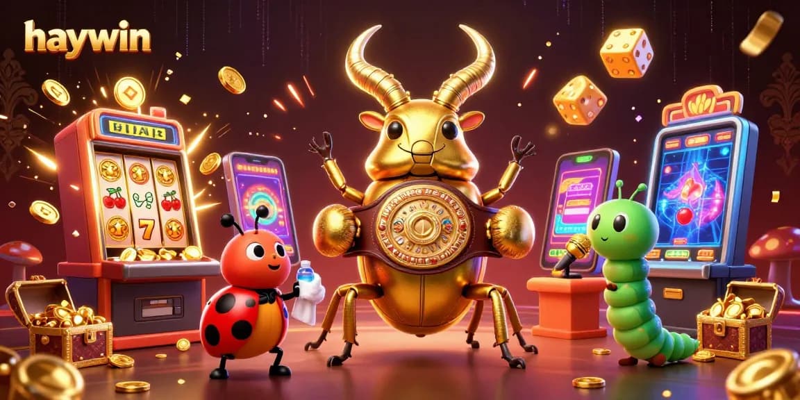 Experience excitement at haywin with giant golden stag beetle boxing in a vibrant casino scene.