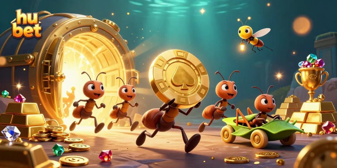 Engage in winning actions at hu bet while animated ants carry a giant poker chip in a vibrant casino heist scene.