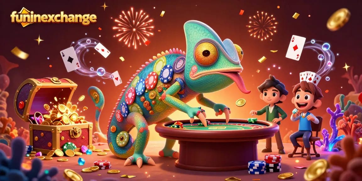 Experience funinexchange with a vibrant chameleon casino character amidst dynamic gaming elements.