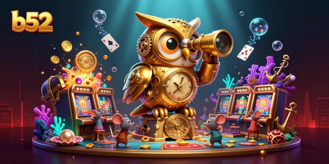 Spin the reels at b52 with a magical scene of a golden owl overseeing a vibrant casino!