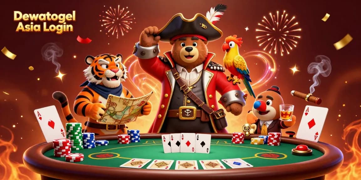 Dewatogel Asia Login showcases a vibrant scene with pirate captain bear and tiger amid a dynamic casino atmosphere.