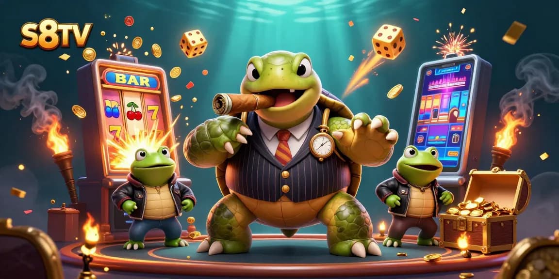 S8TV showcases dynamic gambling action with a cartoon turtle mobster and frog enforcers celebrating a jackpot.
