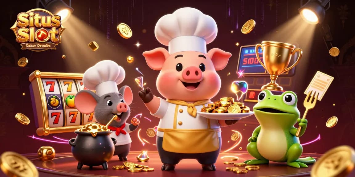 Situs Slot Gacor Dewalive showcases an immersive scene with a chef pig and magical gaming elements.