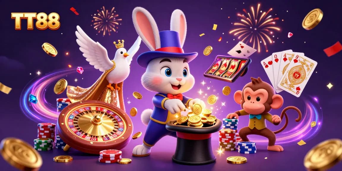 Explore exciting TT88 casino adventures with a magician rabbit, glamorous dove, and playful monkey!