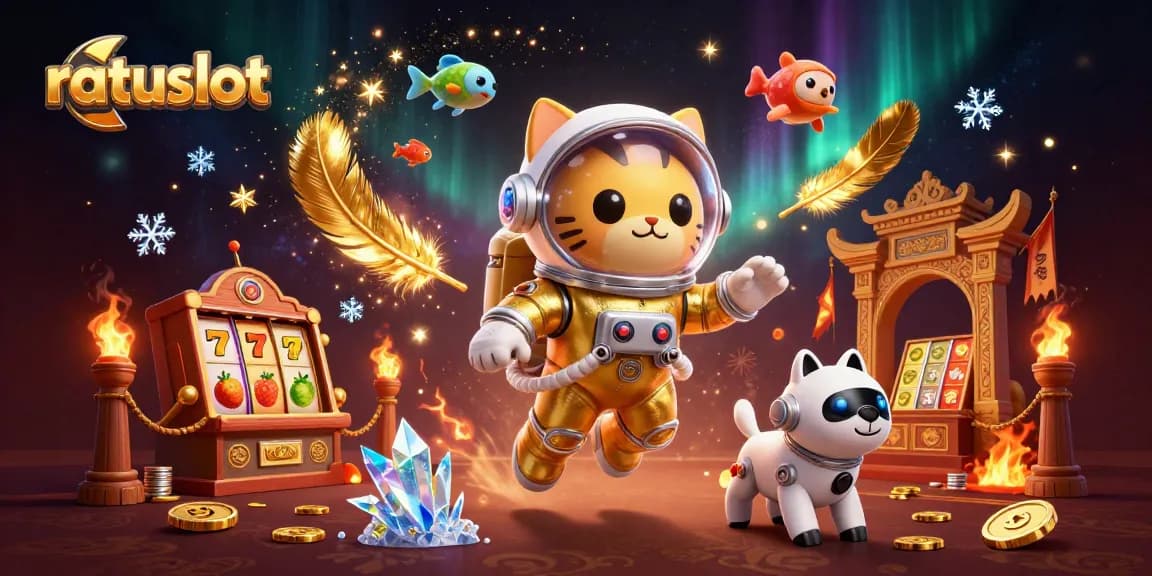 Spin the ratuslot reels with vibrant colors, featuring an astronaut cat and robot dog in a dynamic casino setting.
