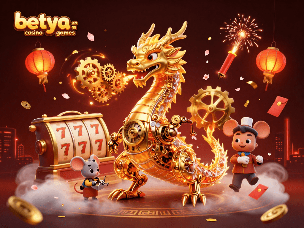 Experience betya.com casino games with a vibrant 3D illustration filled with dynamic casino elements.