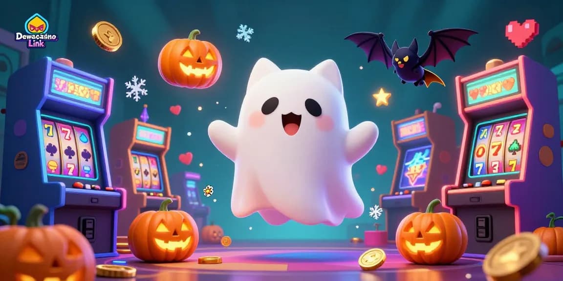 Dewacasino Link shows a ghost cat and a bat in a lively casino scene with glowing games and jackpots.