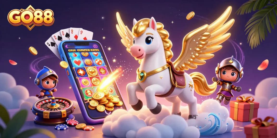 Experience exciting gameplay with GO88, featuring a mystical horse and knight amidst a vibrant casino atmosphere.