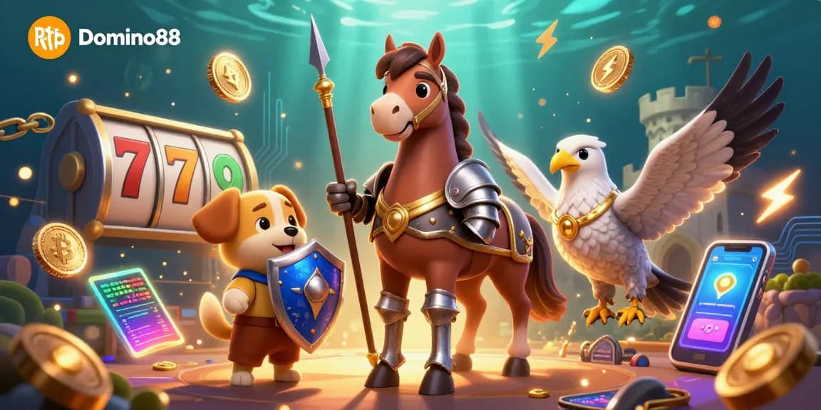 Engage with Rtp Domino88 through an exciting 3D illustration showcasing animated characters in a vibrant casino scene.