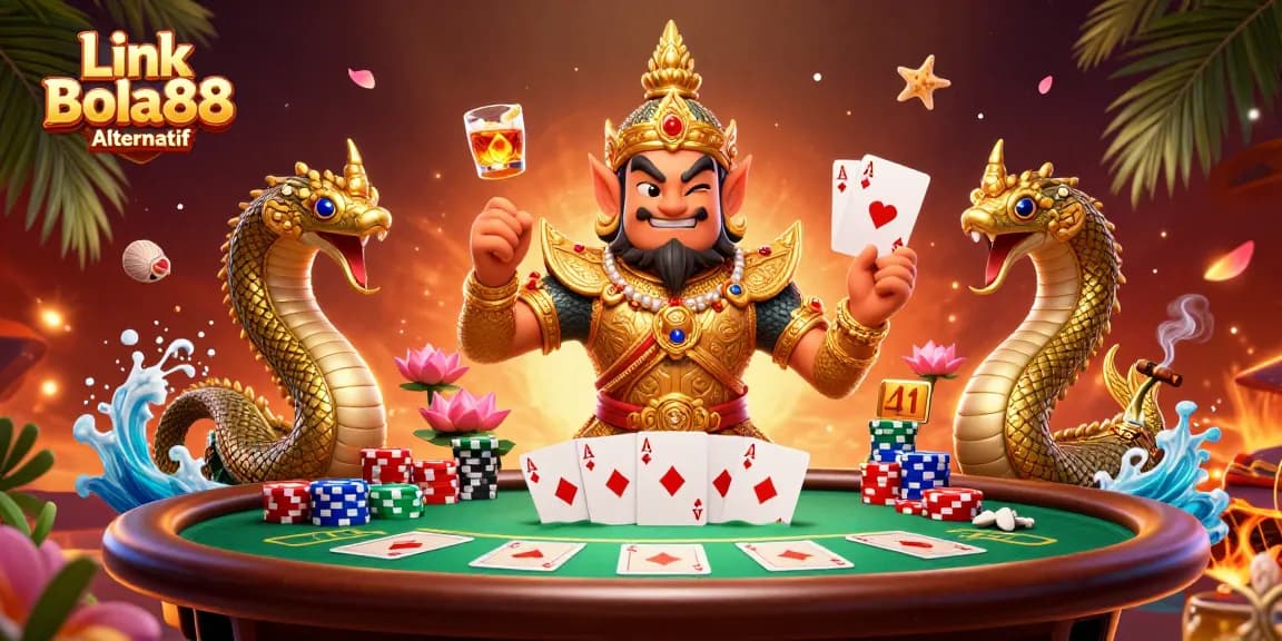 Winning big with Link Bola88 Alternatif on an exciting poker table surrounded by vibrant decorations.