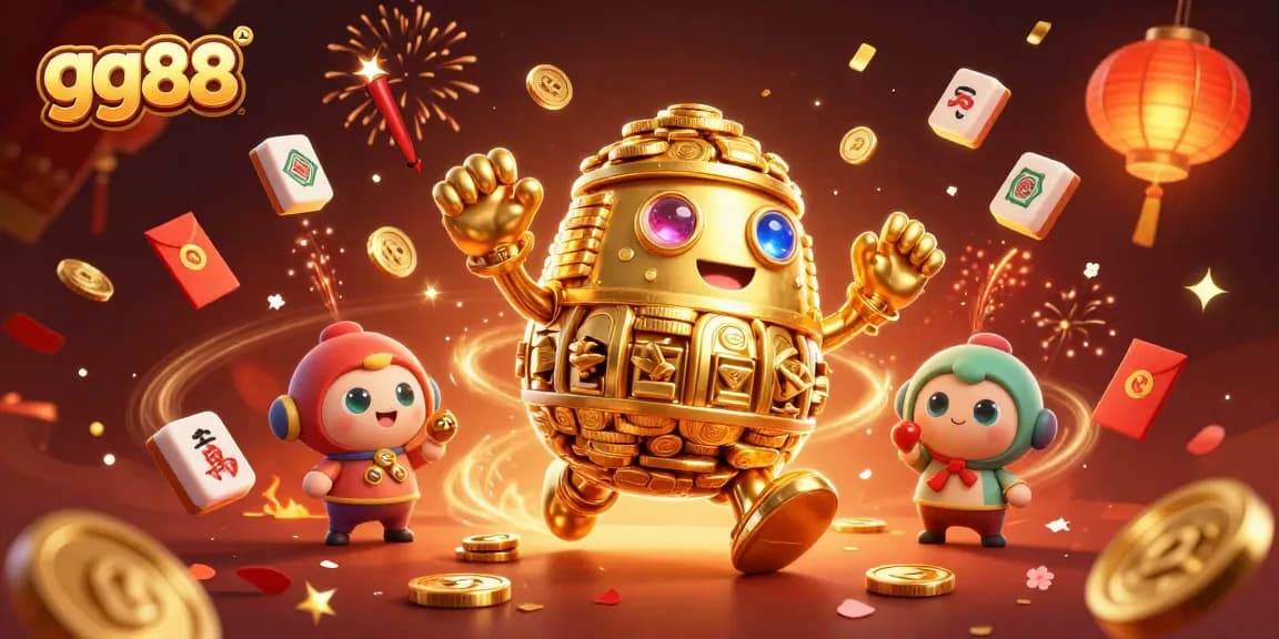Experience the thrill of gg88 as the golden golem spins slot machine symbols amidst fireworks and confetti.