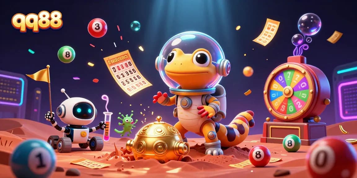Experience the thrill of qq88 as a Martian gecko discovers a hidden golden casino in a dynamic, colorful scene.
