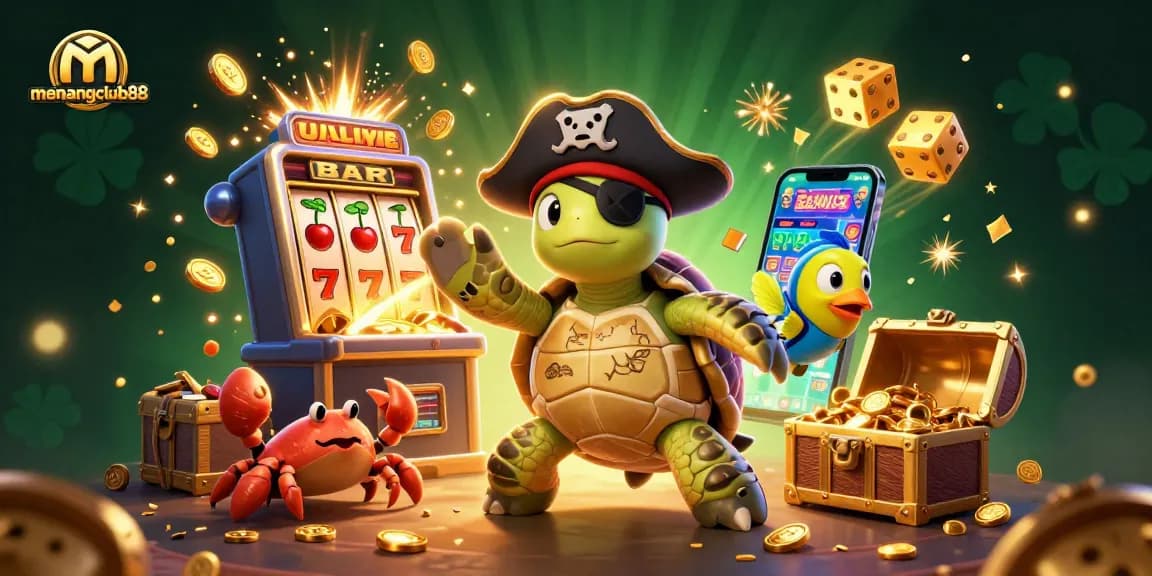 Experience the excitement of menangclub88 with a 3D treasure-filled casino scene featuring vibrant elements and lively characters.