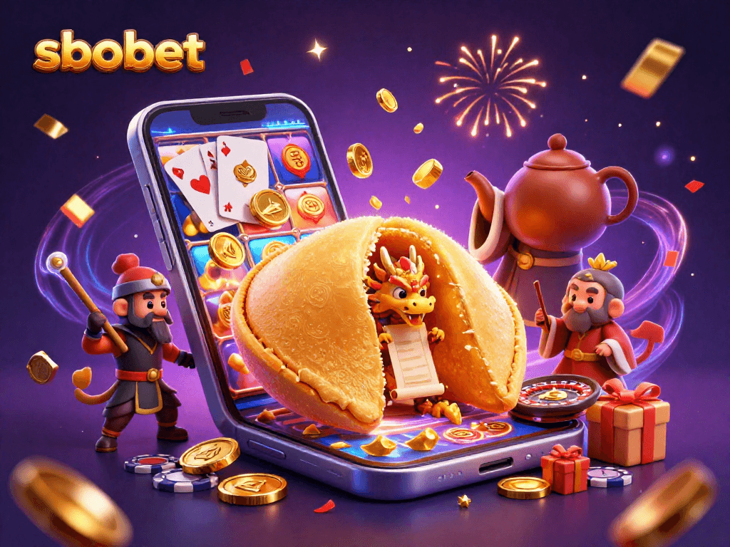 Win big with sbobet in this dynamic casino scene featuring golden fortune cookie and vibrant game elements.