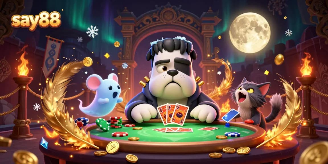 Engage in thrilling games at say88 with a spooky 3D casino scene featuring unique characters.