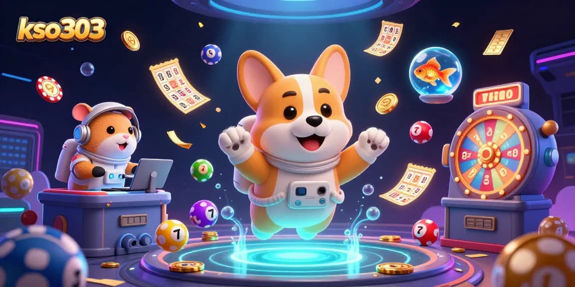KSO303 menghadirkan aksi menarik dalam kasino dengan corgi astronaut dan elemen permainan yang mengelilingi mereka.