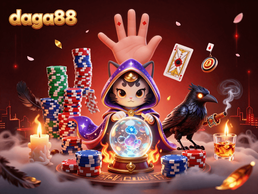 Experience the thrill of daga88 cockfighting with a mystical cat and raven in an exciting atmosphere.