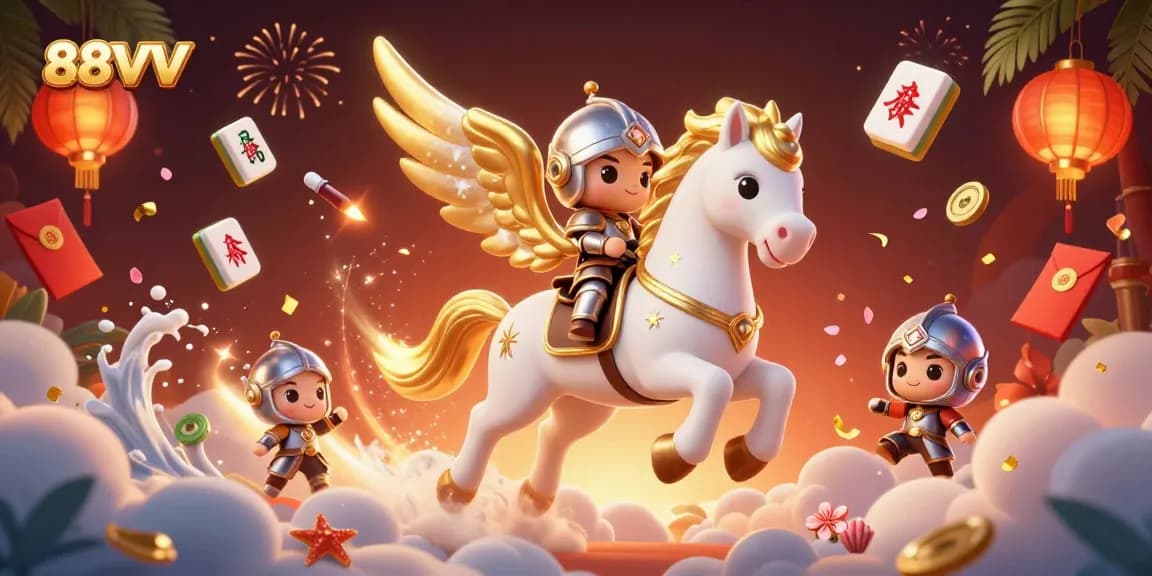 Experience excitement with 88VV games as a winged horse gallops through vibrant casino elements.