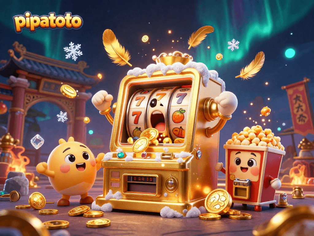 Pipatoto slot machine jackpot scene with golden coins pouring, baby slots cheering, and popcorn machine