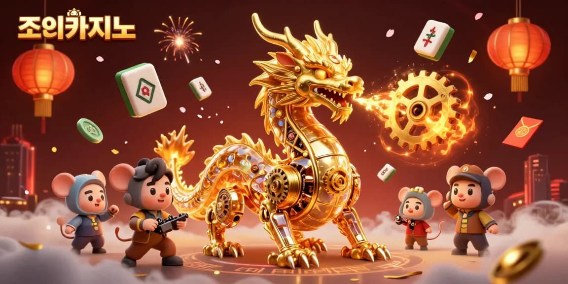 Experience thrilling gameplay at 조이카지노 with a vibrant scene featuring a golden dragon and festive casino elements.