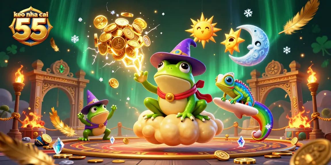 Bet big with keo nha cai 55: Magical frog and chameleon celebrate with golden coins!