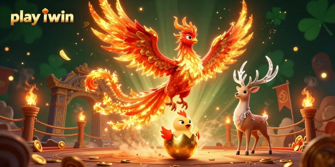 Play iwin with engaging 3D art showcasing a phoenix and stag in a vibrant casino scene.